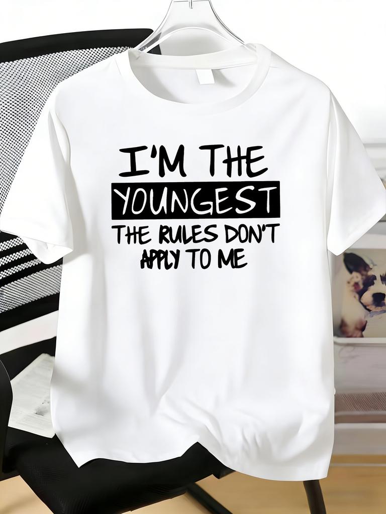 Unisexs Tee Funny Youngest Kid Slogan Letter Print Cotton Short Sleeve Male Casual Streetwear Outdoor Daily Basic Fashion Top
