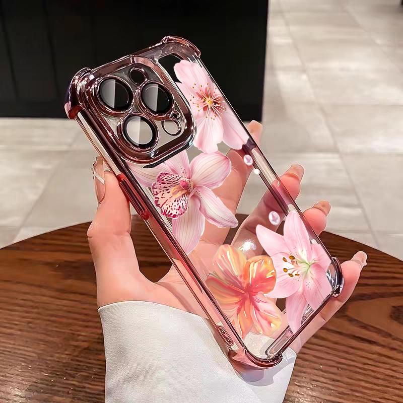 Чехол для iPhone 14 13 Pro Max 6 7 8 Plus 17 Air X XR XS Max Покрытие фиолетовые Цветы Ударопрочный Прозрачный Мягкий Чехол