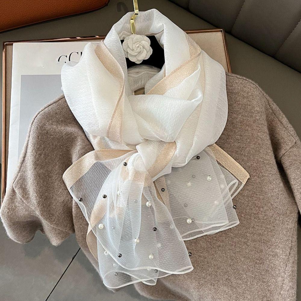 90x90cm Luxury Silk Scarf Pearl Beach Shawl Women Pearl Scarf