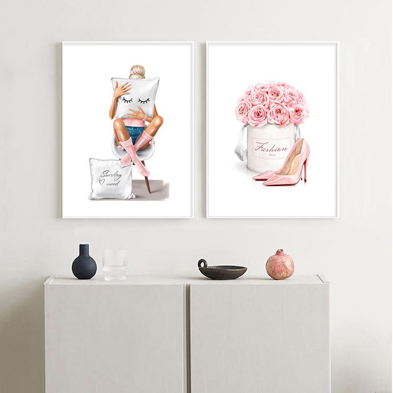 Мода Девушка Искусство Холст Картина Флакон Духов Каблуки Губная Помада Сумка Скандинавские Постеры и Принты Настенные Картины Декор Комнаты
