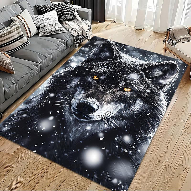 Snowy Black Wolf Design Carpet suitable as a non-slip mat for the living room or bedroom sofa