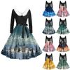 Women's Fashion V-Neck Casual Slim Christmas Printed Long Sleeve Hair Collar Dresses