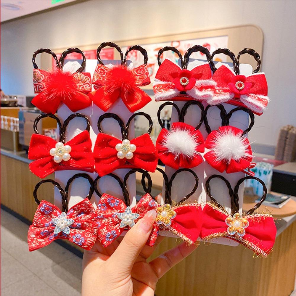 2pcs Chinese Style Ancient Style Hairpin Bow Wig Braid Hairpin Princess Children Red Hairclip