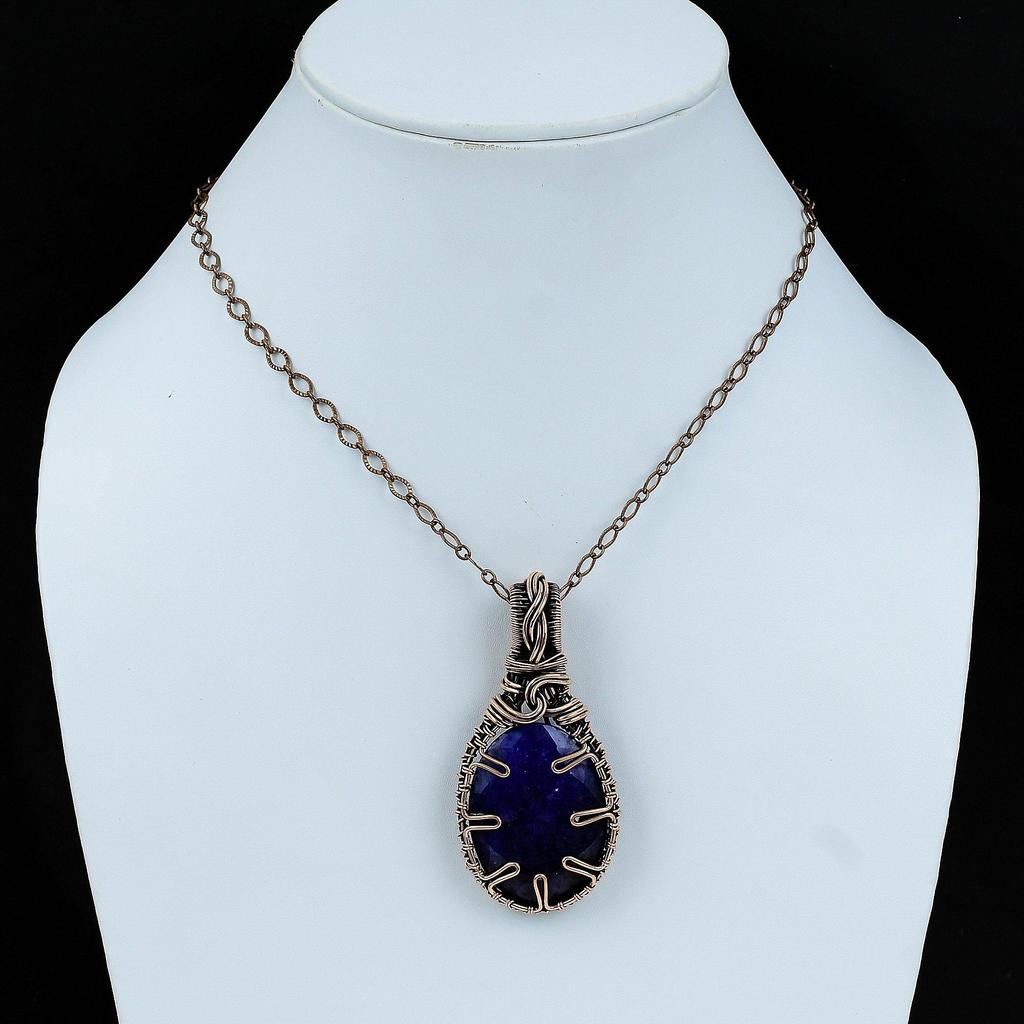 Faceted Blue Sapphire Pendant Copper Wire Wrapped Gemstone Pendant Copper Jewelry Handmade Pendant Designer Jewelry For Gift Stylish Pendant