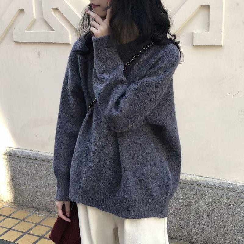 Женский вязаный свитер в ретро-стиле свободного кроя - Круглый вырез, однотонный, мягкий и плотный для сезона Осень/Зима 2025