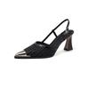 Fashion Hollow Cutout French Sexy Kitten Heel Breathable Sandals Metal Pointed Toe Shallow Mouth Woven One-Slip Strap High Heels