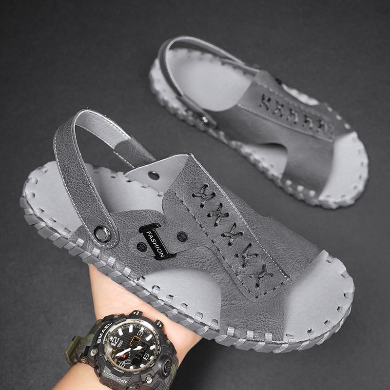 Fashion Classic Outdoor Men Sandals Handmade Leather Summer Flats Casual Lightweight Man Beach Shoes Quick Dry Wading Aqua Shoes Sandals