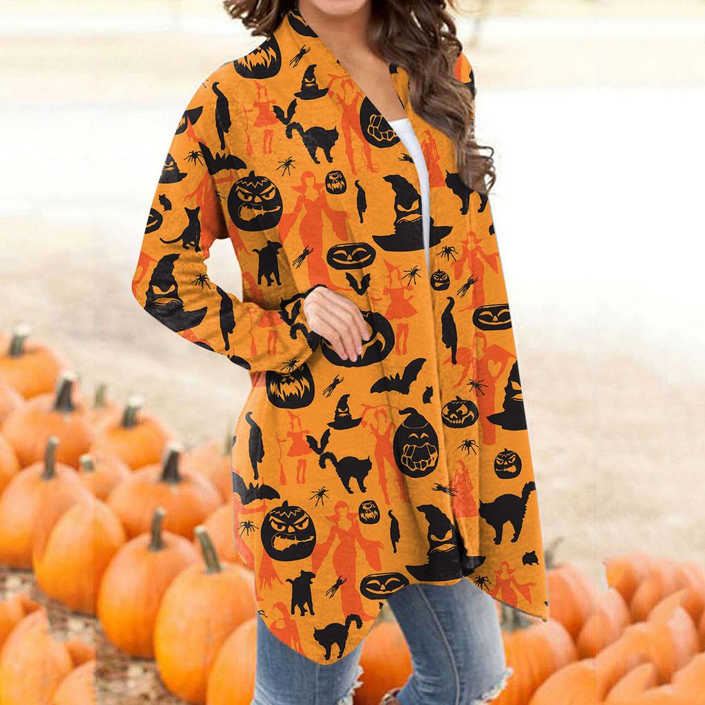 Women's Fashion Casual Floral Halloween Print Medium Length Cardigan Jacket Coat