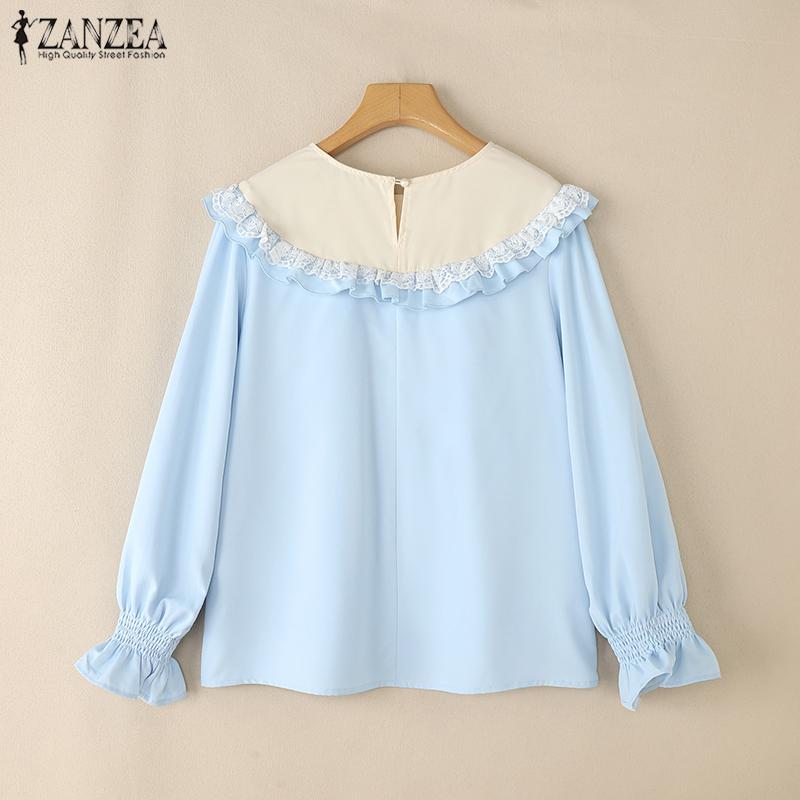 ZANZEA Женская повседневная кружевная блузка с круглым вырезом и длинным рукавом в стиле пэчворк