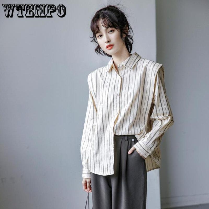 Весенне-осенняя женская рубашка с длинным рукавом и вертикальными полосками, небольшой модный топ