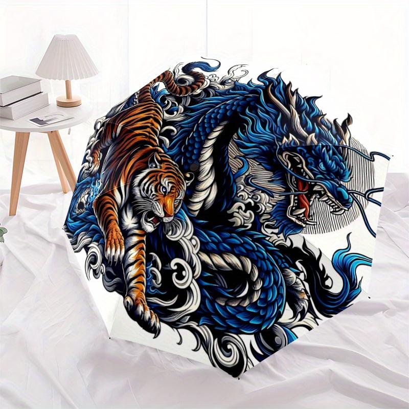 1pc Blue Dragon vs Tiger Cartoon Umbrella,Compact Umbrella, Suitable for Camping, Ideal Easter Birthday Gift for Family and Friends.N009