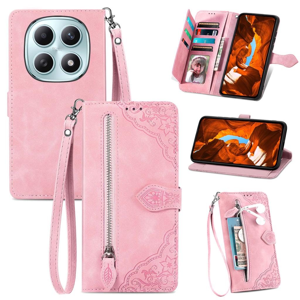 Phone Case For Xiaomi Poco M8 5G/Redmi Note 15 5G (Global)/15 4G (Global) Zipper Wallet with Strap Flower Imprint PU Leather Phone Cover