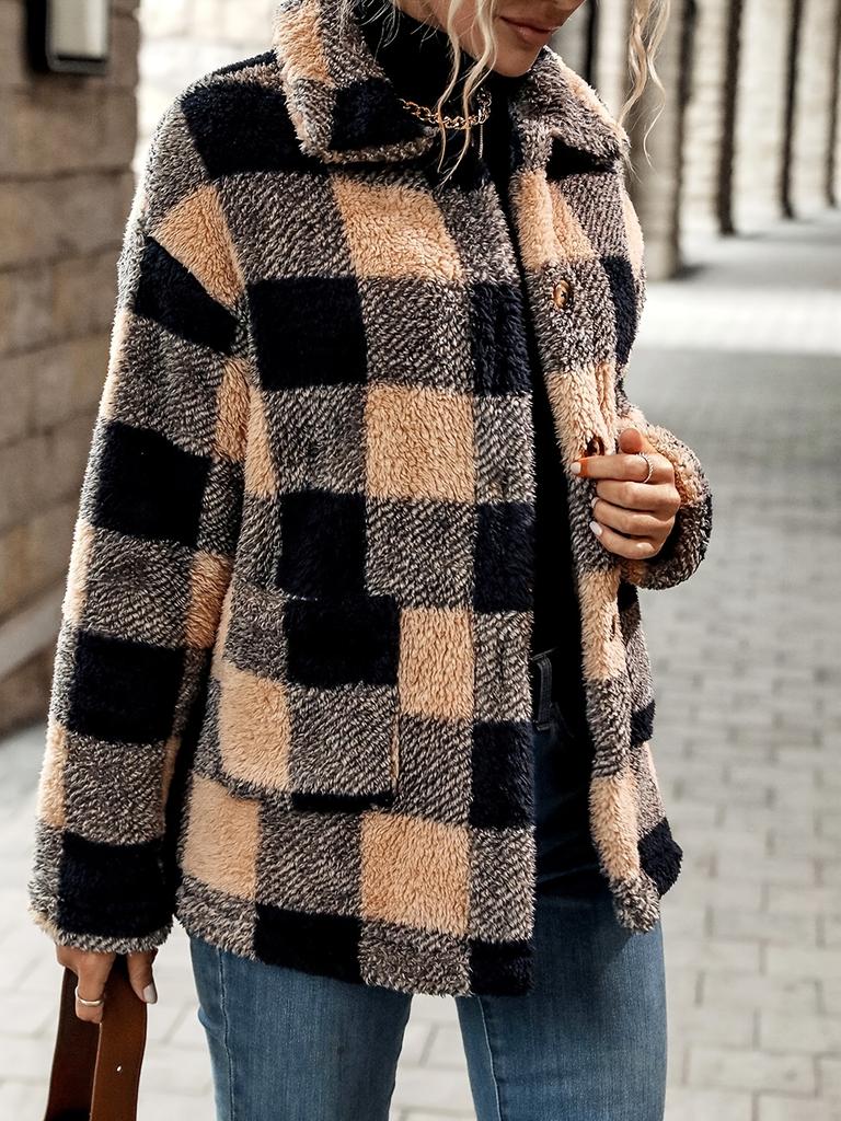 Women'S Plaid Check Faux Fur Coat with Double Pockets - Stylish Fall/Winter Outerwear, Button-Up, Fall Winter Coat | Check Pattern Coat