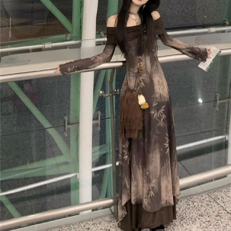 Элегантные повседневные женские винтажные платья с буквами, платье в стиле гранж с вырезом и длинными рукавами, модное милое платье с открытыми плечами Y2k Vestido De Mujer