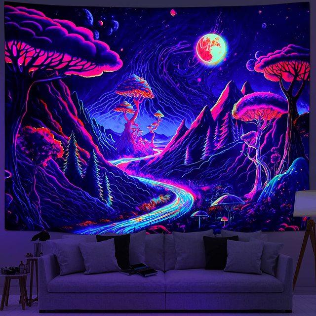 Гобелен Blacklight Galaxy Moon Trippy Plant с цветочным принтом, УФ-реактивный неоновый горный лес, психоделический настенный гобелен для декора комнаты