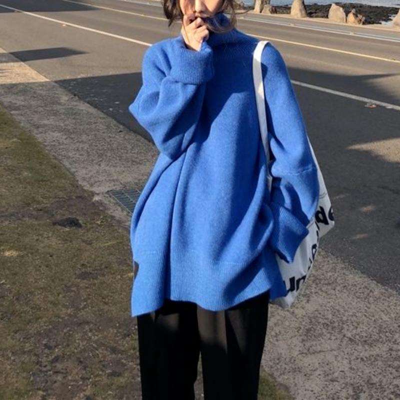 WTEMPO Свитера с высоким воротником, женские весенне-осенние однотонные вязаные пуловеры, базовый черный, синий, белый повседневный джемпер большого размера