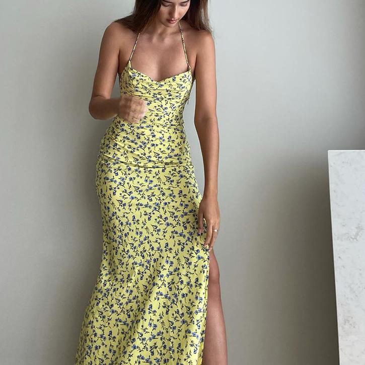 Dulzura Lace Up Halter Floral Long Dress For Women Backless Bodycon Midi Dress Sexy Party Club Outfit Streetwear Sundress Summer