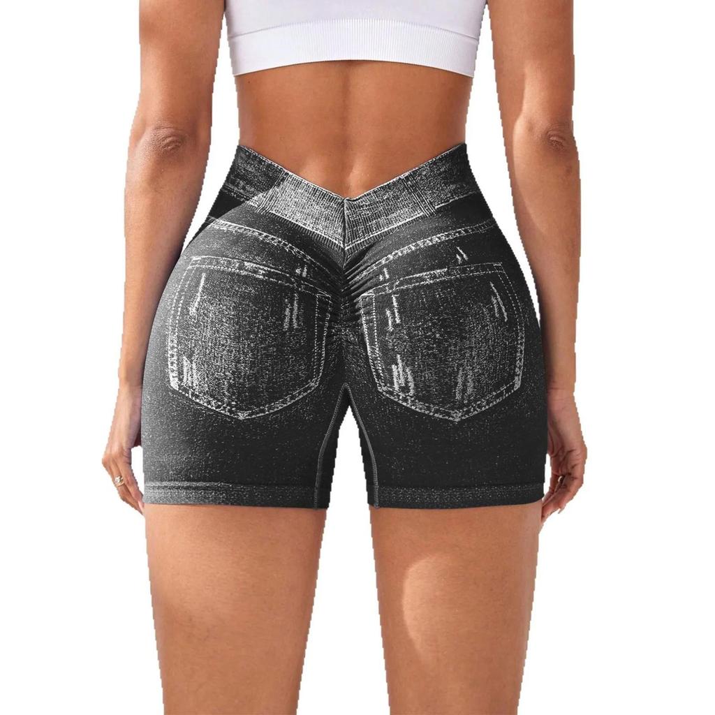 Sexy Imitation Denim Seamless Yoga Shorts for Women Running Sports Leggings Female Ruched Skinny Gym Fitness Short Pants