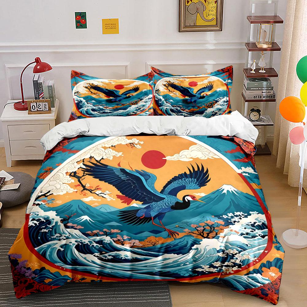 Japanese Crane Nature Decor Set Multiple sizes kid's and adults' bedroom Exquisite 3PC bedding set, gift
