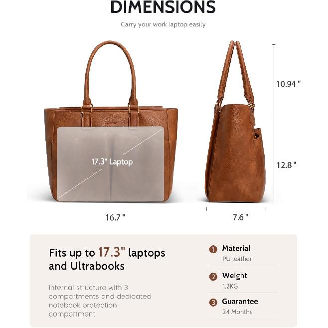 Laptop Tote Bag for Women, Leather Work Tote with Padded Laptop Compartment, Cup Holder, Office Computer Briefcase