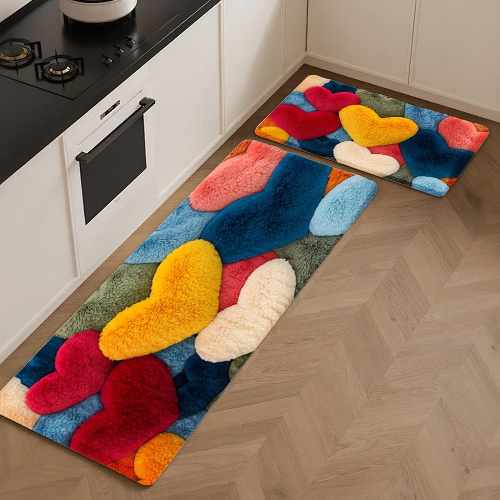 Colorful Heart Pattern Welcome Doormat - Vibrant Polyester Non-Slip Floor Mat - Washable Indoor Kitchen Decor Area Carpet Rug