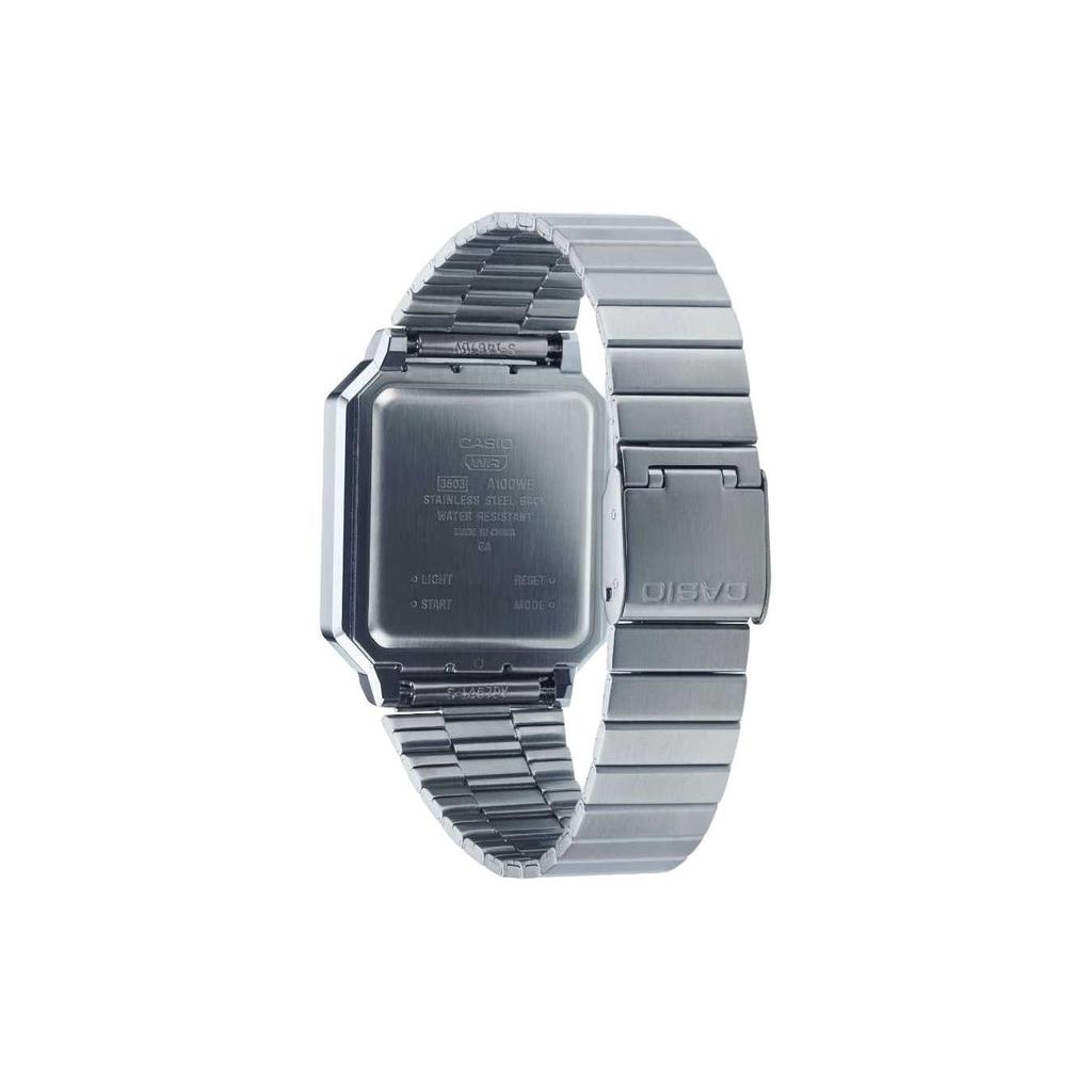 Casio Серия A100 Водонепроницаемые Повседневные Кварцевые Часы Нержавеющая Сталь Ремешок Унисекс Часы Серебристые A100WE-7B