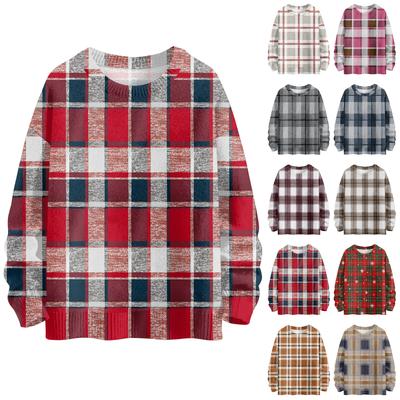 Женский модный повседневный свитер с длинными рукавами, клетчатым принтом и круглым вырезом, вязаный топ