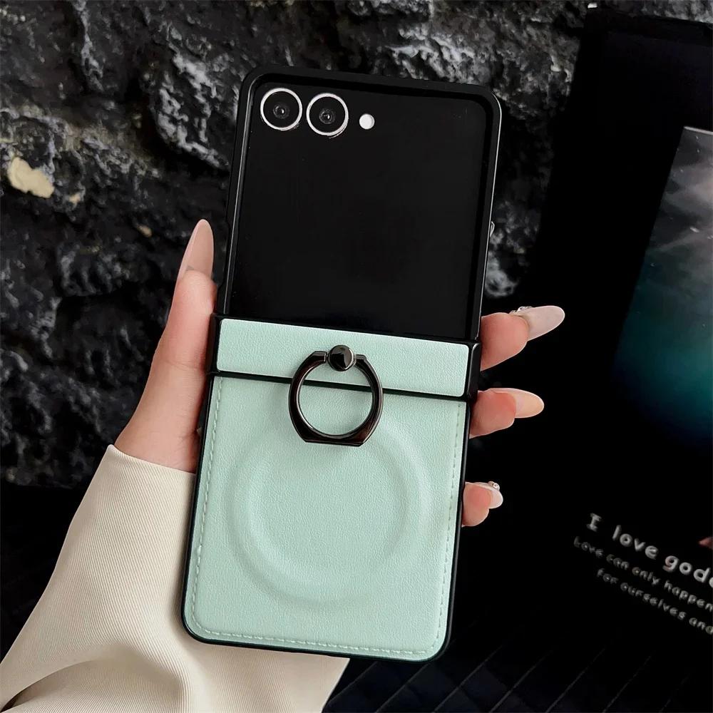 Чехол из ПУ кожи для телефона Samsung Z Flip 7 FE 6 5 4 3 Flip6 Flip5 Flip4 Flip7 5G 360 Вращающийся Магнитный Держатель-кольцо Задняя крышка