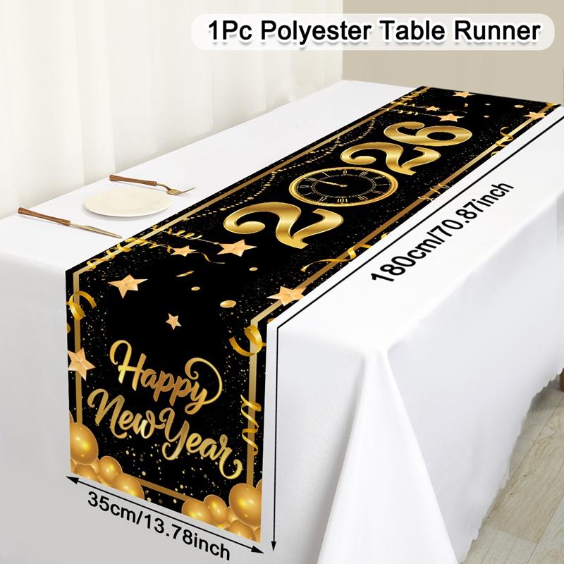 2026 Happy New Year Table Runner Fireworks Champagne Polyester Table Cover For New Year Party Kitchen Dining Table Decorations