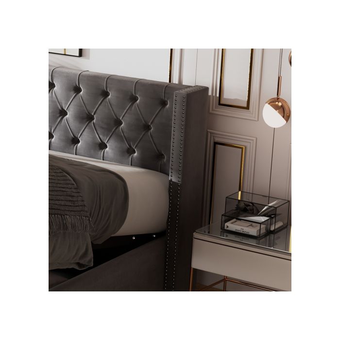 Lit capitonné - MUVOE - 160x200 - Gris - Tête haute - Rangement intégré