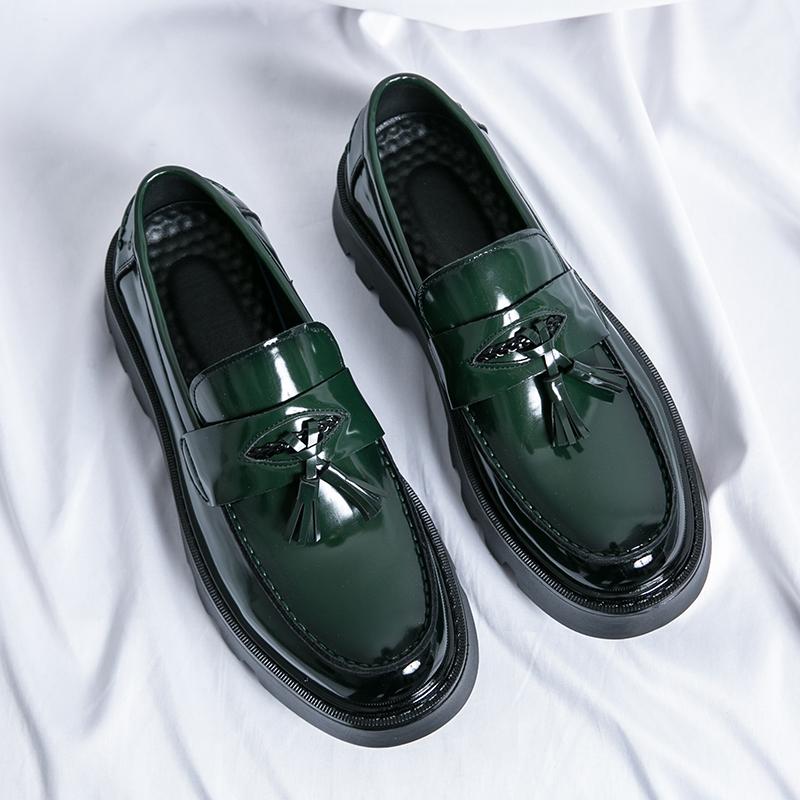 Green Men Dress Shoes  Patent Leather Black Casual Business Platform Tassels Slip-On Shoes for Men Wedding