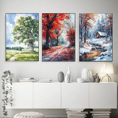 Китайский Пейзаж Четыре Времени Года Гора Озеро Закат Лоно Древнее Дерево Печать на Холсте Фреска Живопись Студия Домашний Художественный Декор