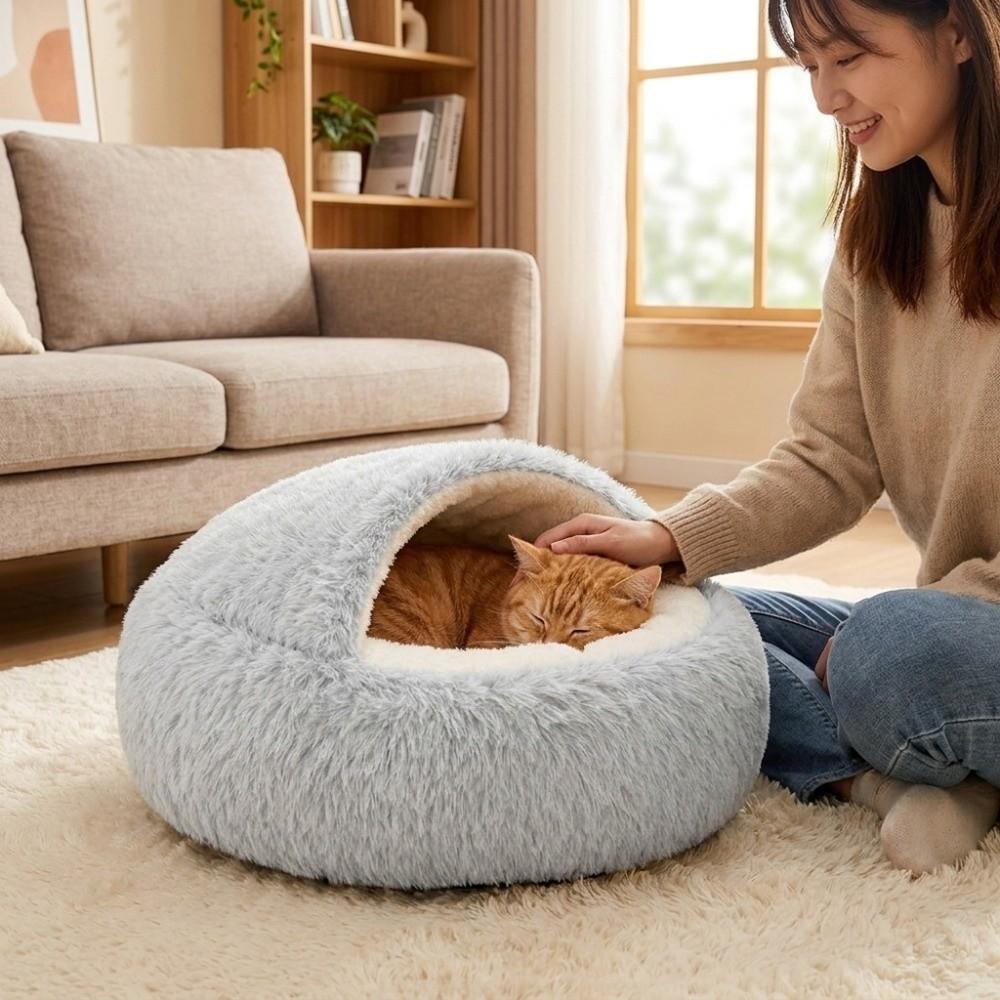 Soft Plush Cat Sleeping Nest Semi-Enclosed Winter Cat Bed Creative Pet Cave Bed Winter