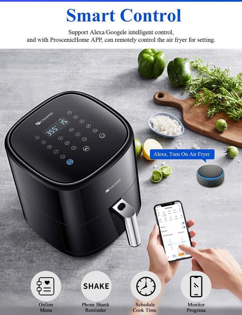 Proscenic T22 Air Fryer with 13 Presets & Shake Reminder, Oil Free Air Fryer 5L, Compatible with APP & Alexa - Black