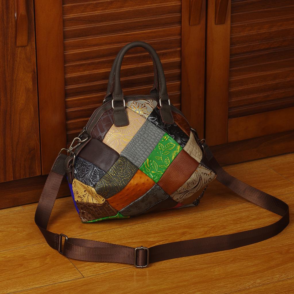 Genuine Leather Crossbody Bag for Women Portable Shoulder Bag Color Contrast Geometric Pattern Retro Style Soft Random Color Contrast