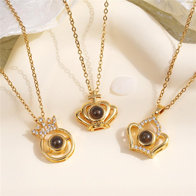Light Luxury Crown Zircon Pendant Necklace Stainless Steel Chain 100 Language I Love You Choker Jewelry Gifts For Women Girls
