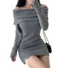 Korean chic autumn small man sexy off-the-shoulder suspender lapel slim ribbed knitted dress hip-wrapped short skirt
