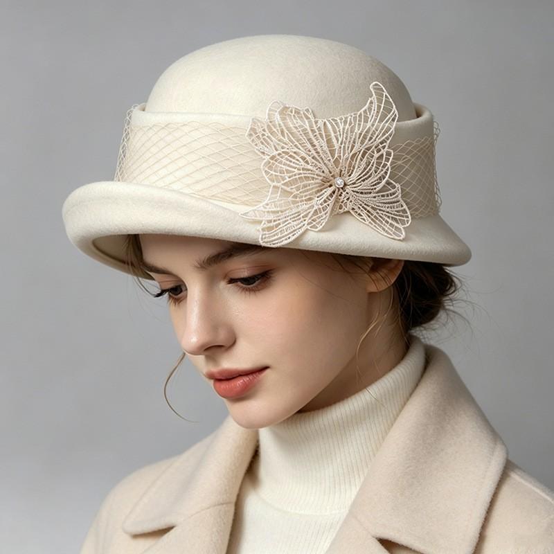 Wool Felt Beret Women Fall Winter Vintage Elegant Mesh Bow Hat