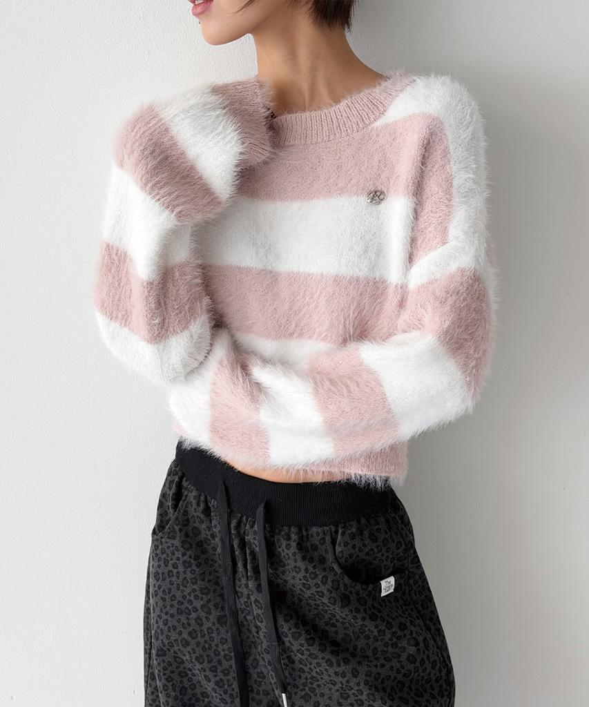 THE GREEN LAB Hairy Block Stripe Crop Knit [Pink]