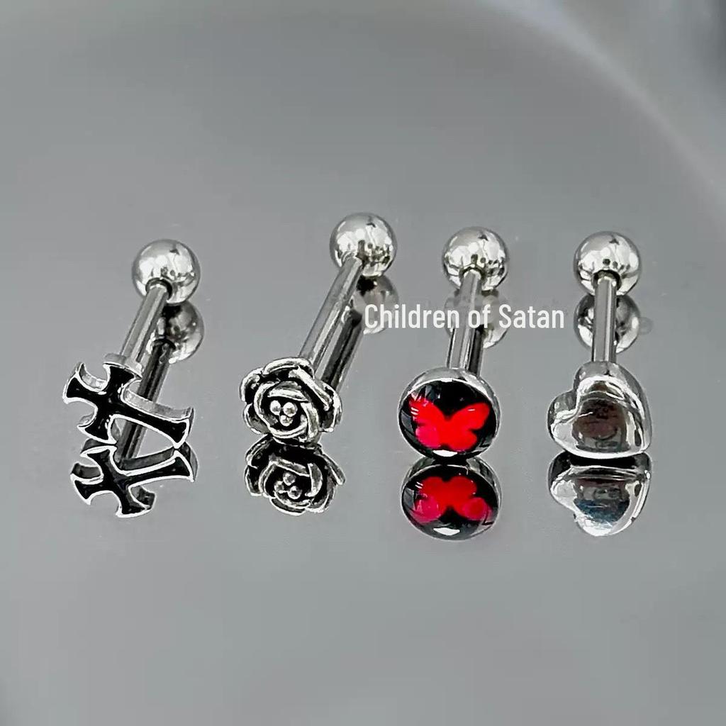 Кольцо для языка из титановой стали с крестом и розой