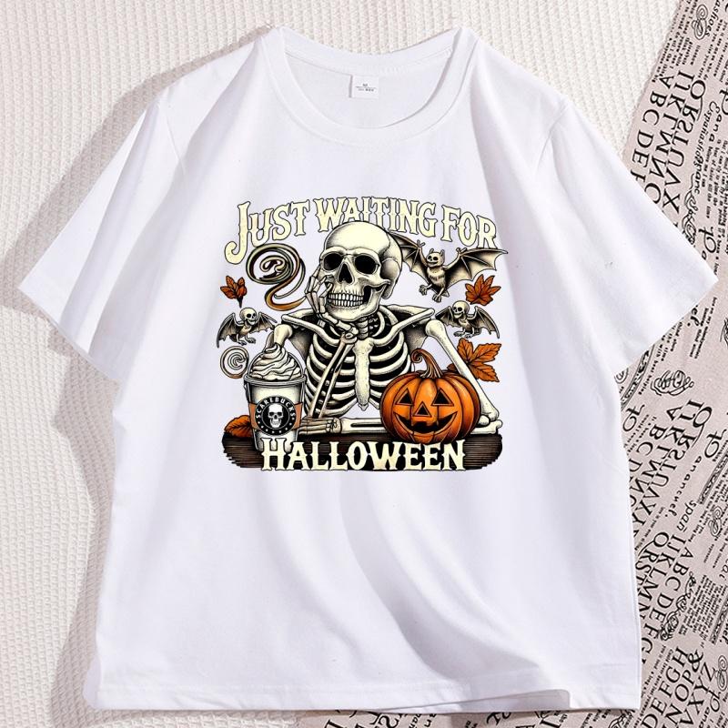 Just Waiting For Halloween Retro Tshirt Unisex Unisex Skeleton Pumpkin Halloween Waiting Tee Spooky Season Fall T Shirt