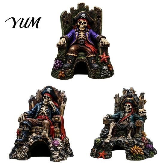Aquarium Pirate Skull Decorations Skeleton Throne Ornament, Resin Fish Tank Hideout Cave for Small Accessories Fish, Realistic King Castle Decor