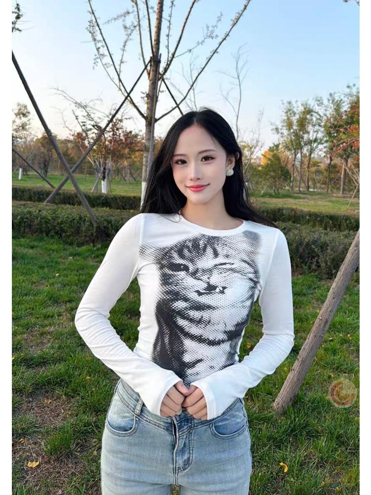 Укороченный топ с принтом «Мозаика кота» в стиле Харадзюку, повседневные базовые футболки с длинным рукавом, облегающие футболки с круглым вырезом Y2K