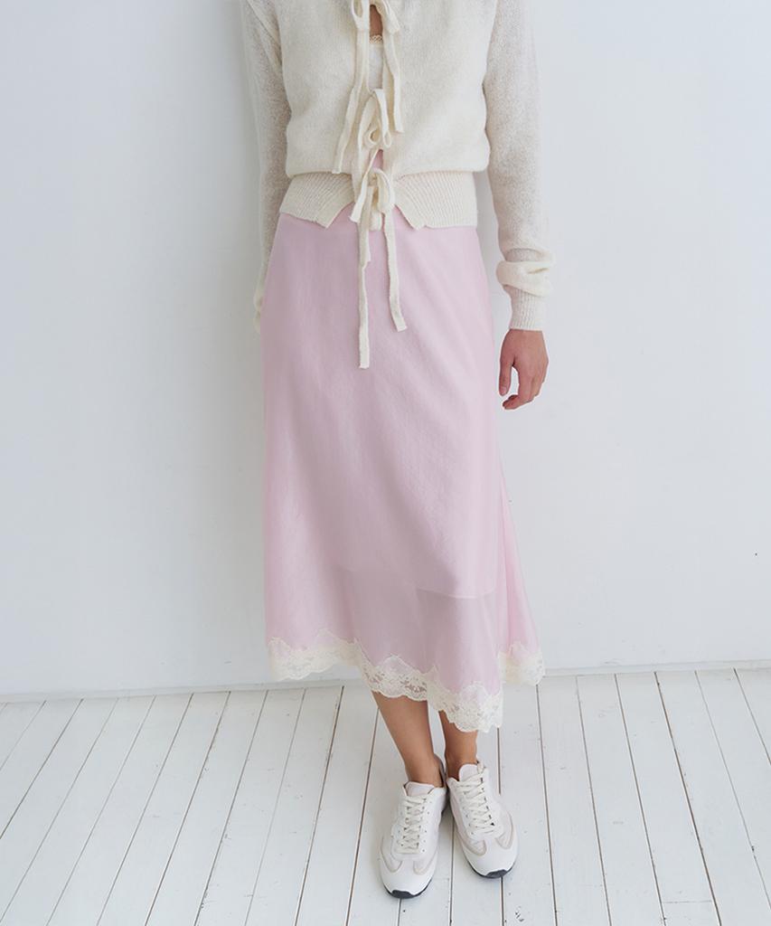 Bember Lace Trim Satin Midi Skirt_Pink