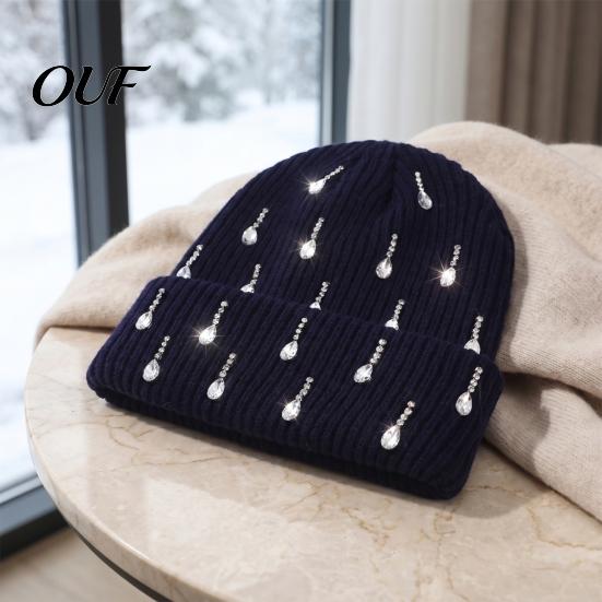 Winter Hat for Women Waterdrop Rhinestone Knit Hat, Bling Stretchy Cuffed Knitted Casual Warm Hats Girls Skull Cap Men Cold Weather Daily Wear