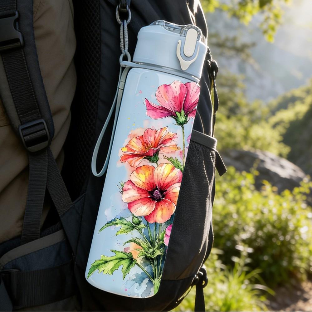 1PC Pink Red Daisy Mixed Flower Print 750ml Color Plastic Sports Water Bottle Leakproof Flip Straw Lid Suitable for Sports Office Home Use
