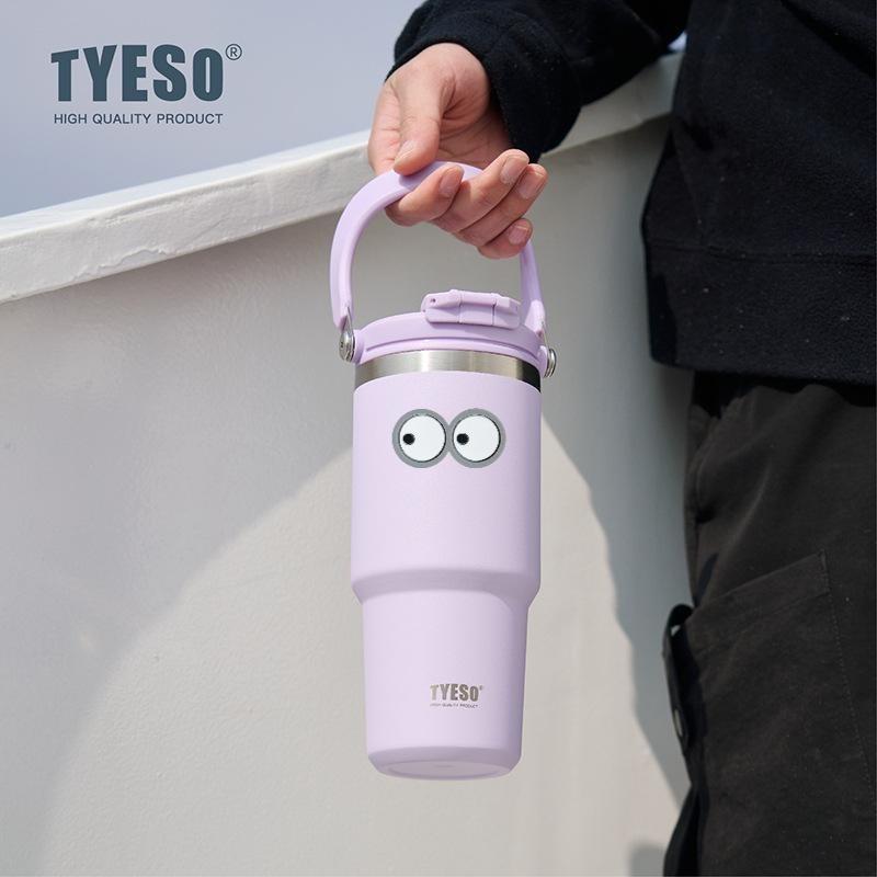 Tyeso 750ml Vacuum Cup Handle Dual-Drink Coffee Mug 304 Stainless Steel Ice Cup Car Bottle Hot Cold Retention Thermoses with Eye Sticker