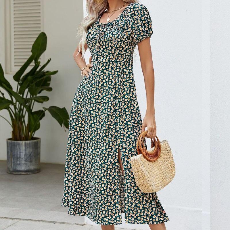 Повседневное летнее платье трапециевидной формы с квадратным вырезом, женское зеленое платье с пышными рукавами, женские элегантные платья с высокой талией и цветочным принтом, женская одежда 25278