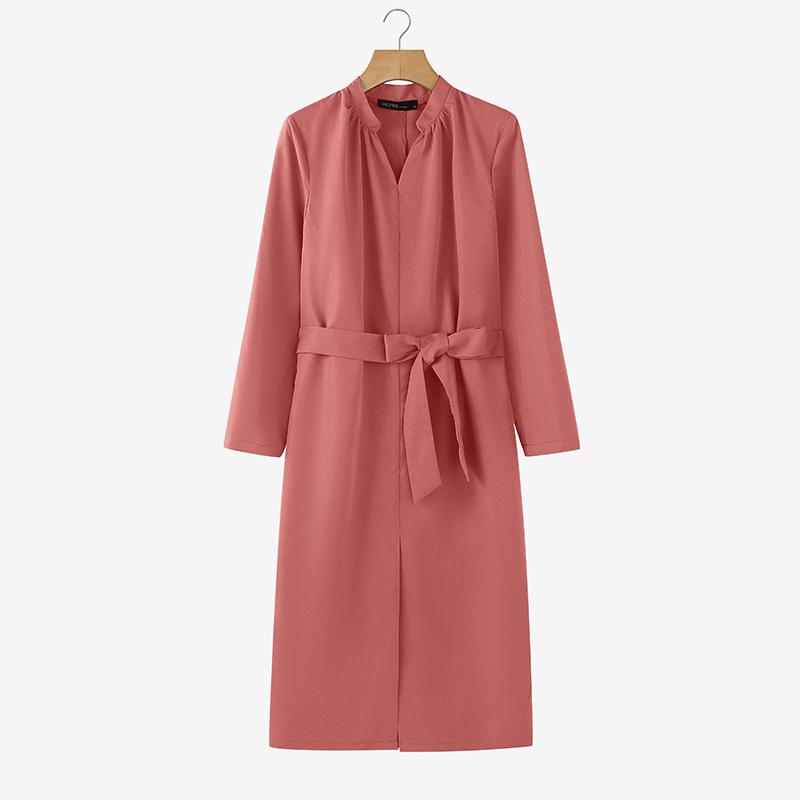 ZANZEA Женское повседневное платье-футляр с V-образным вырезом и длинными рукавами, однотонное