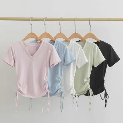 Женские быстросохнущие топы для йоги с V-образным вырезом и коротким рукавом на весну/лето — утягивающие спортивные футболки для пилатеса, фитнеса и бега.